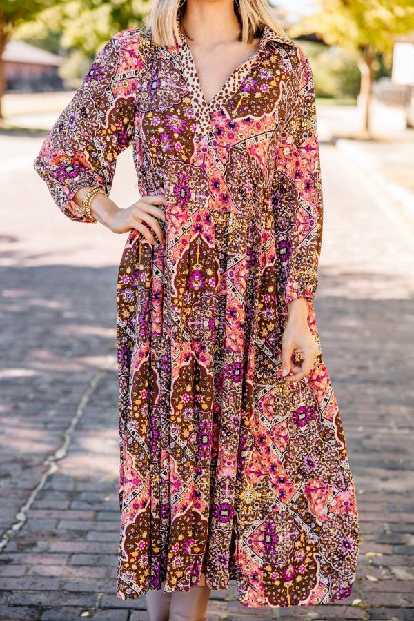 Let s Go Retro Plum Purple Mixed Print Midi Dress Supply - Image 4