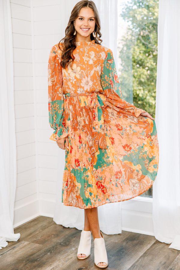 Fall In Love Rust Orange Floral Midi Dress Cheap - Image 2