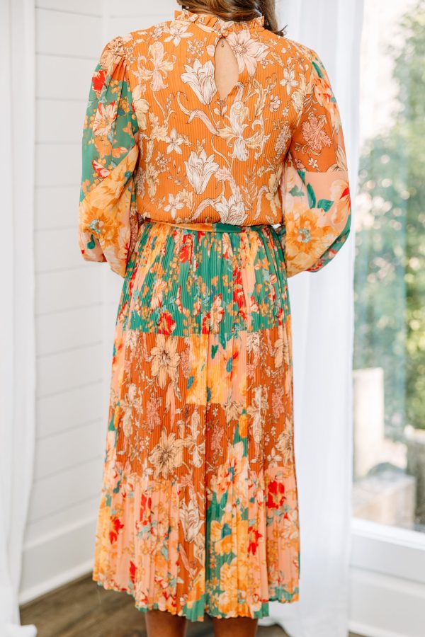 Fall In Love Rust Orange Floral Midi Dress Cheap - Image 3