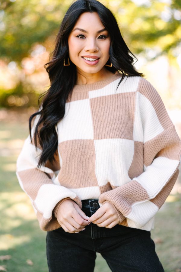 Can t Move On Tan Brown Checkered Sweater Online