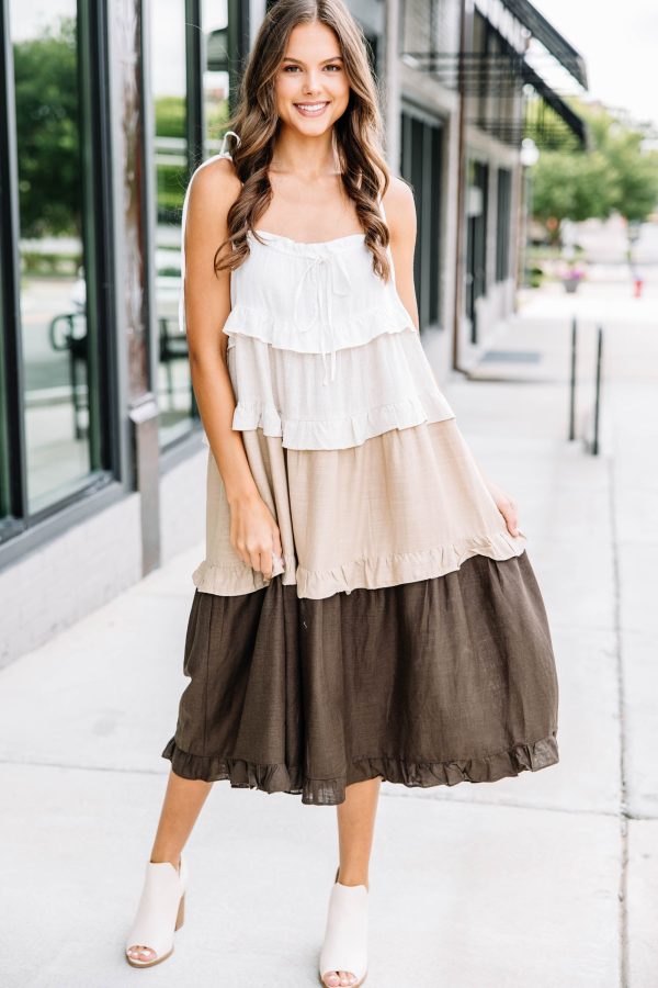 All For Fun Brown Ruffled Midi Dress Supply