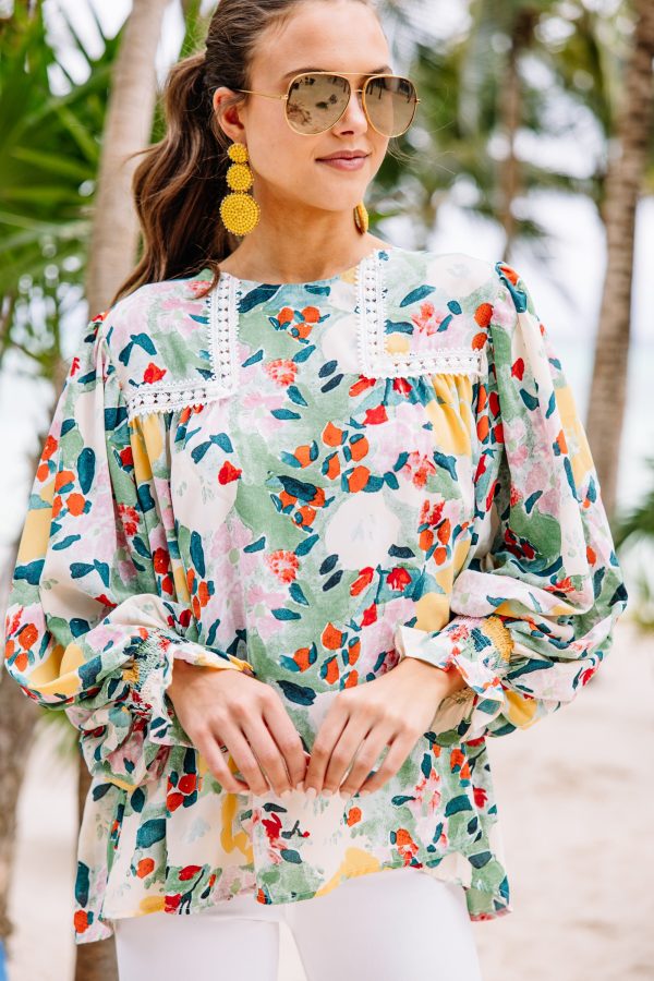 Keep Your Spirits Up Green Floral Blouse For Cheap
