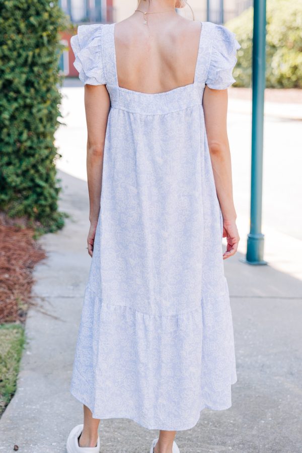 Easy To See Light Chambray Blue Floral Midi Dress on Sale - Image 3