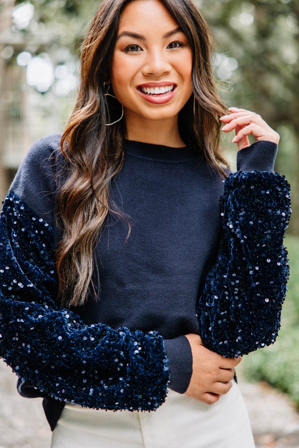 Don t Think Twice Navy Blue Sequin Sweater Discount
