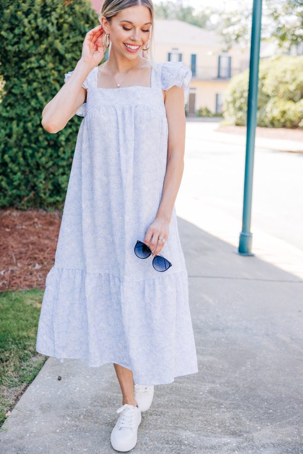 Easy To See Light Chambray Blue Floral Midi Dress on Sale
