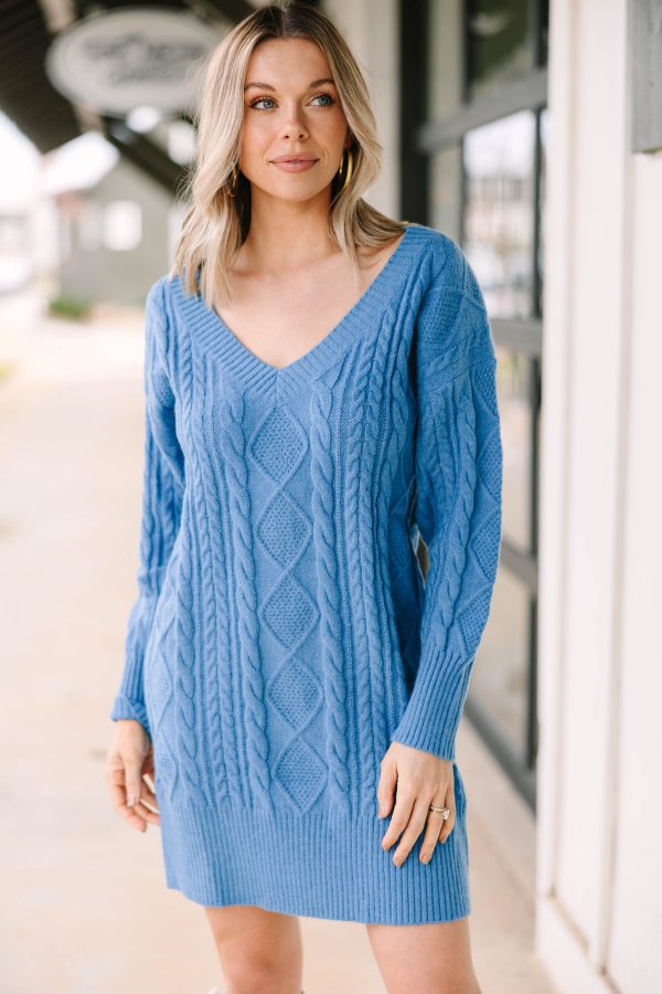 We All Know Blue Cable Knit Sweater Dress Online now
