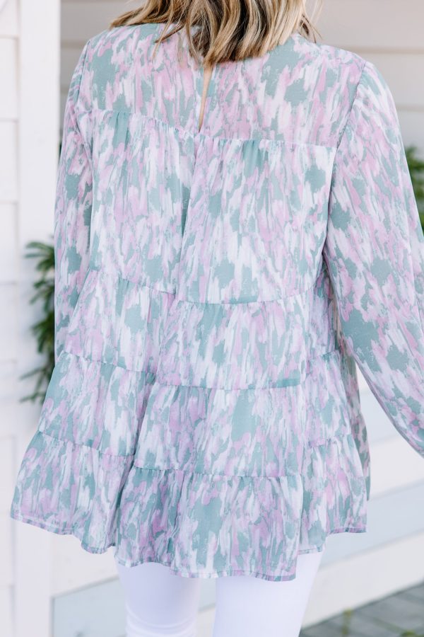 Something You Should Know Seafoam Green Abstract Blouse For Sale - Image 3