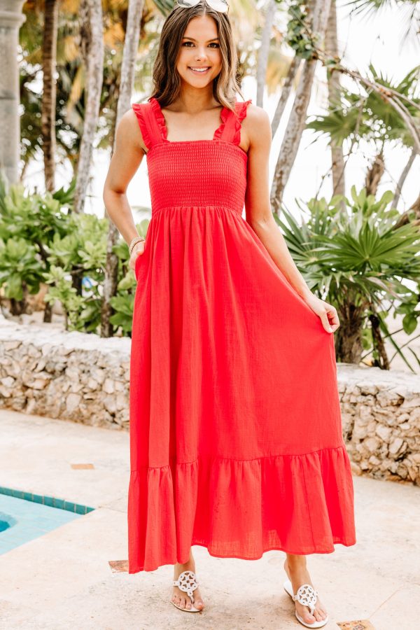 Easy Love Red Smocked Maxi Dress on Sale