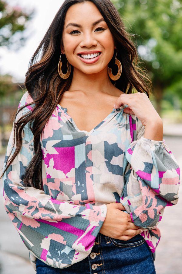 Before You Know It Gray Mixed Print Blouse For Discount
