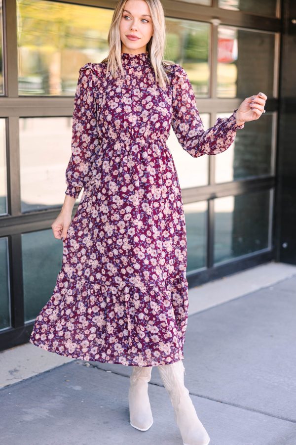 Ready For Anything Burgundy Red Floral Midi Dress Online now