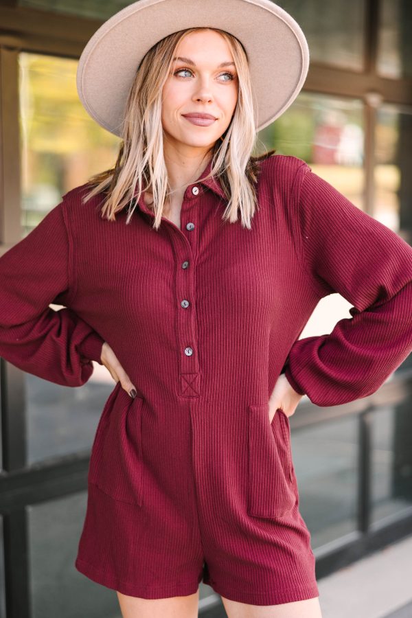 Choose You Marsala Red Ribbed Romper Hot on Sale