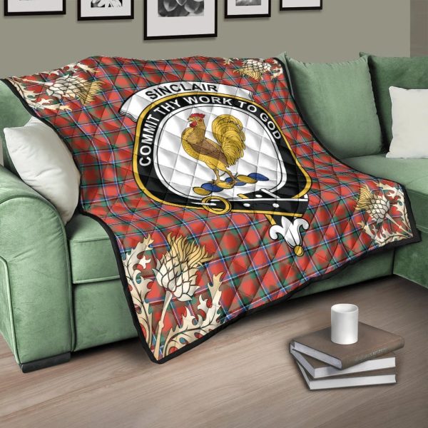 Sinclair Ancient Tartan Crest Premium Quilt - Gold Thistle Style For Sale - Image 3