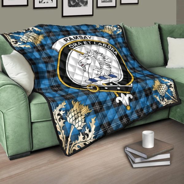 Ramsay Blue Ancient Tartan Crest Premium Quilt - Gold Thistle Style Online - Image 3